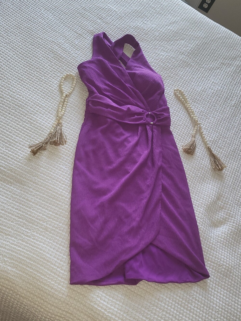 Guess Purple Sleeveless Wrap Midi Dress with Ring Accent Size 4 Textured Padded